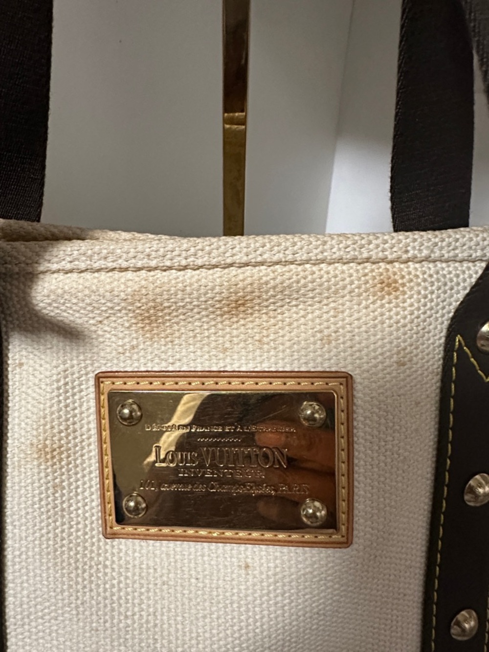 Louis Vuitton Cream Canvas Tote with Dark Brown Straps and Gold Plaque PRE-OWNED - Picture 12 of 17